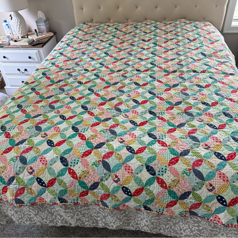 Homemade Aqua Blue Quilted Folk Art Quilt with Geometric Patterns - Picture 10 of 10
